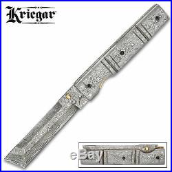 Kriegar Handmade Damascus EDC Tanto Folding Pocket Knife with Leather Sheath