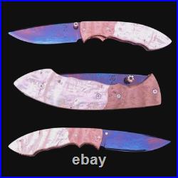 LEK Bovi CUSTOM FOLDING KNIFE Blued Damascus steel ART Abalone Amboyna Burl Rare