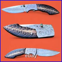 LEK CUSTOM FOLDING KNIFE Stainless Damascus steel Hybrid resin pine cone Craft 3