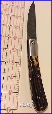 LONGWORTH VINTAGE DAMASCUS STEEL FOLDING KNIFE With CUSTOM HANDLE + LEATHER CASE