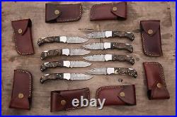 LOT OF 16 Handmade Damascus RAM HORN & STAG HORN Pocket Folding Knife WithSheath