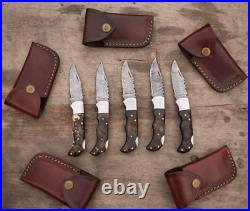 LOT OF 16 Handmade Damascus RAM HORN & STAG HORN Pocket Folding Knife WithSheath
