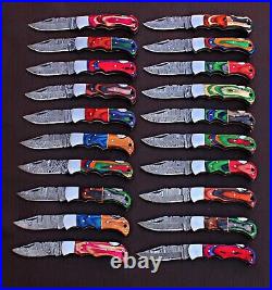 LOT OF 20 CUSTOM HANDMADE DAMASCUS STEEL MIX HUNTING EDC 6 Folding KNIFE