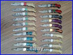LOT OF 20 Handmade Damascus Steel Back Lock Folding Pocket knife camping Hunting