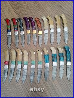 LOT OF 20 Handmade Damascus Steel Back Lock Folding Pocket knife camping Hunting