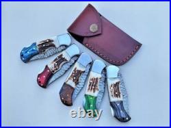 LOT OF 20, Handmade Damascus Steel Folding pocket Knife In Stag Horn With Sheaths LOT OF 20, Handmade Damascus Steel Folding pocket Knife In Stag Horn With Sheaths