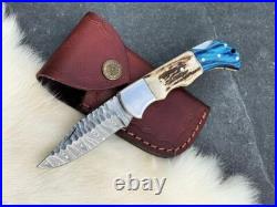 LOT OF 20, Handmade Damascus Steel Folding pocket Knife In Stag Horn With Sheaths