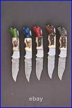 LOT OF 20, Handmade Damascus Steel Folding pocket Knife In Stag Horn With cover