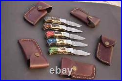 LOT OF 20, Handmade Damascus Steel Folding pocket Knife In Stag Horn With cover