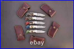 LOT OF 20, Handmade Damascus Steel Folding pocket Knife In Stag Horn With cover