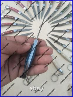 LOT OF 20 PC Handmade Damascus Steel Pocket Folding Knives WithKeychain