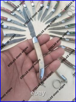 LOT OF 20 PC Handmade Damascus Steel Pocket Folding Knives WithKeychain