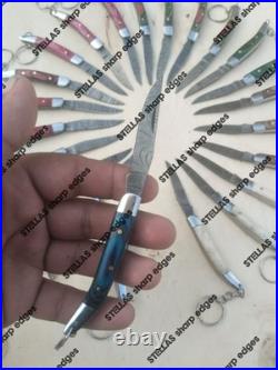 LOT OF 20 PC Handmade Damascus Steel Pocket Folding Knives WithKeychain