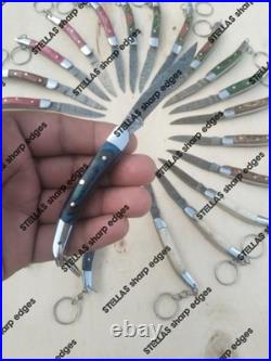 LOT OF 20 PC Handmade Damascus Steel Pocket Folding Knives WithKeychain