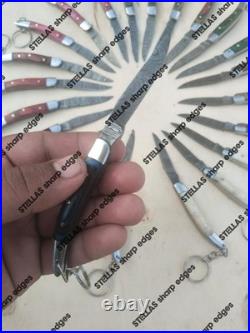 LOT OF 20 PC Handmade Damascus Steel Pocket Folding Knives WithKeychain