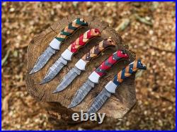 LOT OF 20 Pcs Handmade Damascus Steel Folding Knives, pocket Knives With Sheaths