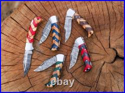 LOT OF 20 Pcs Handmade Damascus Steel Folding Knives, pocket Knives With Sheaths