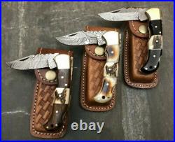 (LOT OF 3)DAMASCUS STEEL BLADE POCKET KNIFE, FOLDING LOCK BACK Stag HANDLE