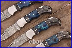 LOT OF 5 Handmade Damascus Steel Pocket Folding Knife, Pocket Knife WithSheath