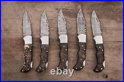 LOT OF 5 Handmade Damascus Steel RAM HORN Pocket Folding Knife, WithSheath