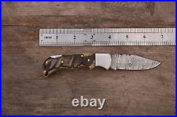 LOT OF 5 Handmade Damascus Steel RAM HORN Pocket Folding Knife, WithSheath