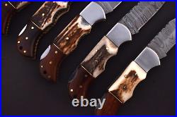 LOT OF 5 Handmade Damascus Steel STAG HORN Pocket Folding Knife, WithSheath