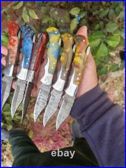 LOT OF 50 PCS HANDMADE DAMASCUS STEEL HUNTING FOLDING & POCKET KNIVES WithSHEATH