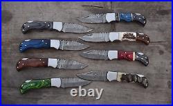 LOT OF 8 Handmade Damascus Pocket Folding Knife Ram Horn Stag Horn & Wood Handle