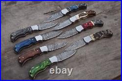 LOT OF 8 Handmade Damascus Pocket Folding Knife Ram Horn Stag Horn & Wood Handle