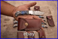 LOT OF 8 Handmade Damascus Steel Pocket Folding Knife, Pocket Knife WithSheath