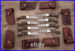 LOT OF 8 Handmade RAM HORN Damascus Steel Pocket Folding Knife, WithSheath