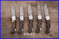 LOT OF 8 Handmade RAM HORN Damascus Steel Pocket Folding Knife, WithSheath