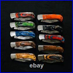 LOT of 10 pcs Damascus Steel Hunting Folding knife, Pocket Knives with Sheath JWK