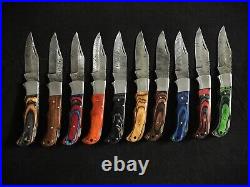 LOT of 10 pcs Damascus Steel Hunting Folding knife, Pocket Knives with Sheath JWK