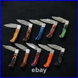 LOT of 10 pcs Damascus Steel Hunting Folding knife, Pocket Knives with Sheath JWK