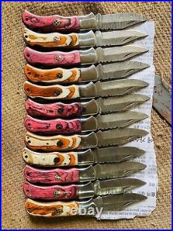 LOT of 12 pcs Damascus Steel Hunting Folding knife, Pocket Knives with Sheath WL