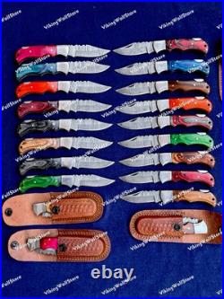 LOT of 20 pcs Damascus Steel Hunting Folding knife, Pocket Knives With Sheath
