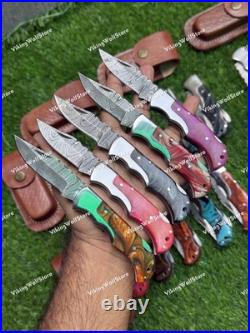 LOT of 20 pcs Damascus Steel Hunting Folding knife, Pocket Knives with Sheath