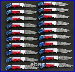 LOT of 20 pcs Damascus Steel Hunting Folding knife, Pocket Knives with Sheath