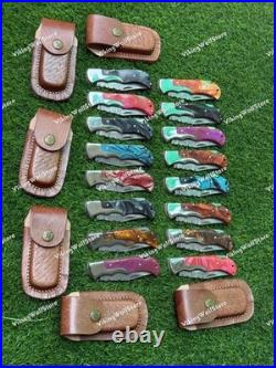 LOT of 20 pcs Damascus Steel Hunting Folding knife, Pocket Knives with Sheath