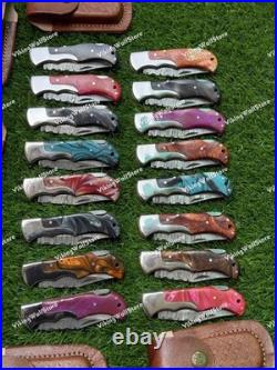 LOT of 20 pcs Damascus Steel Hunting Folding knife, Pocket Knives with Sheath