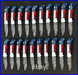 LOT of 20 pcs Damascus Steel Hunting Folding knife, Pocket Knives with Sheath