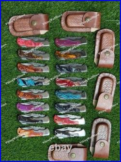 LOT of 20 pcs Damascus Steel Hunting Folding knife, Pocket Knives with Sheath