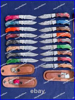 LOT of 20 pcs Damascus Steel Hunting Folding knife, Pocket Knives with Sheath