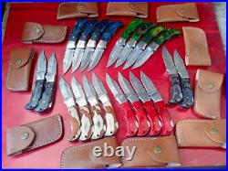LOT of 20 pcs Damascus Steel Hunting Folding knife, Pocket Knives with Sheath (MM)