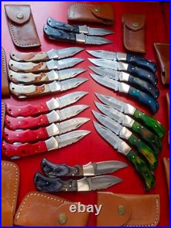 LOT of 20 pcs Damascus Steel Hunting Folding knife, Pocket Knives with Sheath (MM)