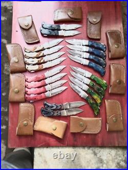 LOT of 20 pcs Damascus Steel Hunting Folding knife, Pocket Knives with Sheath (MM)