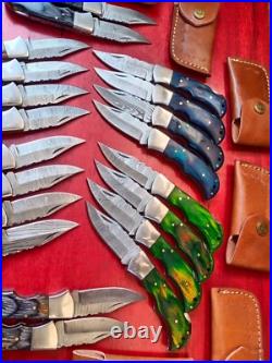 LOT of 20 pcs Damascus Steel Hunting Folding knife, Pocket Knives with Sheath (MM)