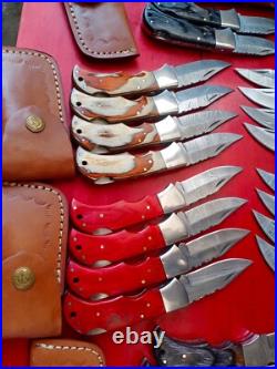 LOT of 20 pcs Damascus Steel Hunting Folding knife, Pocket Knives with Sheath (MM)
