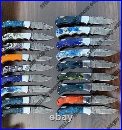 LOT of 20 pcs Damascus Steel Hunting Folding knife, Pocket Knives with Sheath (SK)